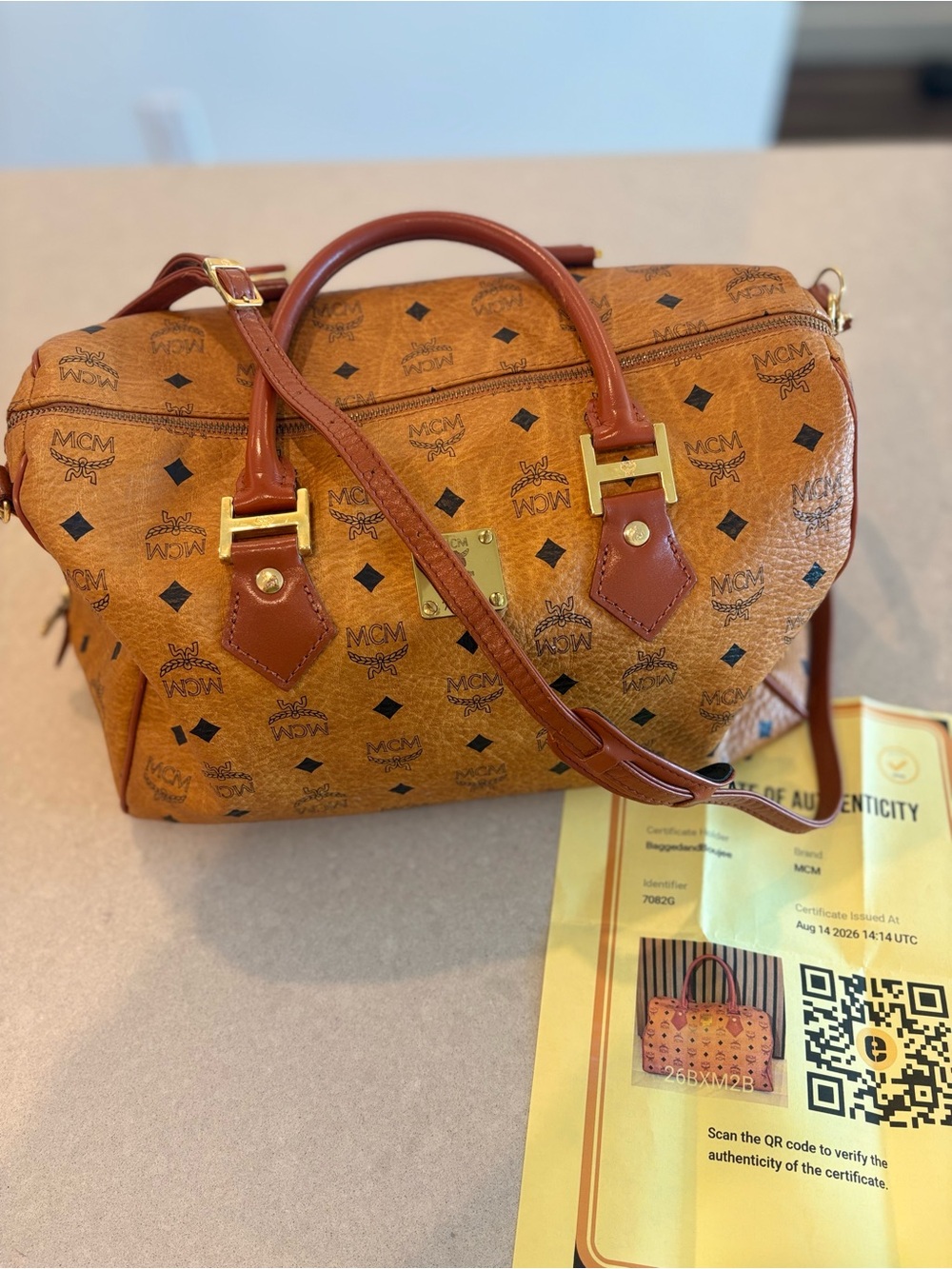 MCM Cognac Visetos Satchel with shoulder strap